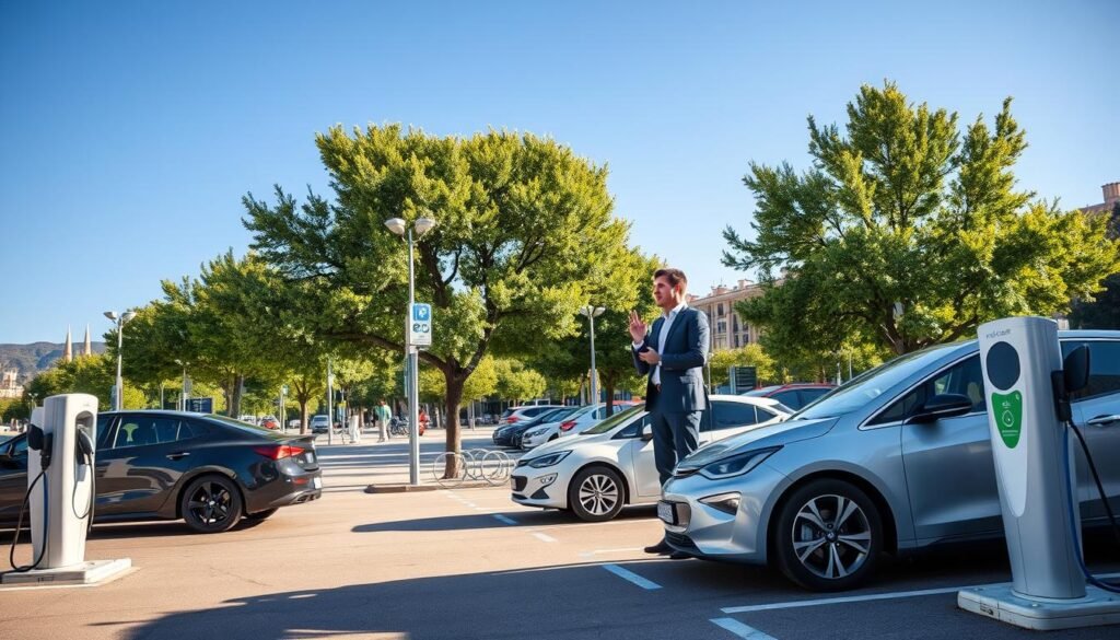 A bustling scene of an electric vehicle charging station in Getafe, with modern charging points prominently displayed in the foreground. Several sleek electric cars are parked, plugged into charging stations. In the middle ground, a clear blue sky creates a bright atmosphere, with green trees lining the road, representing eco-friendliness. Smart city elements like benches and bike racks enhance the urban landscape. In the background, distinctive Spanish architecture and subtle hints of the city skyline are visible. The image should be illuminated by soft, natural sunlight, creating a welcoming and optimistic mood. A professional business setup is implied through the presence of two individuals in smart casual attire discussing electric vehicle charging methods, symbolizing collaboration for a sustainable future.