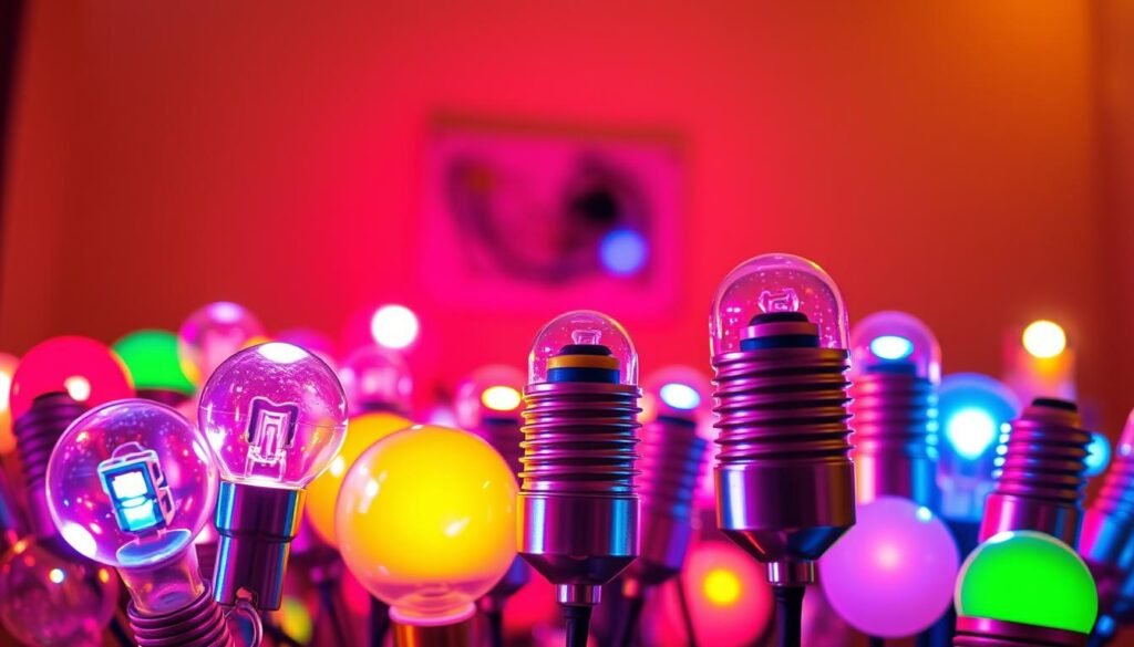 A close-up image of blinking LED lights in various colors, casting vibrant reflections and creating a dynamic pattern. In the foreground, a collection of LED bulbs is well-lit, showcasing different shapes and sizes. In the middle ground, a blurred outline of an electrical panel or wires can be seen, suggesting an underlying electrical system. The background features a softly illuminated room in warm tones, enhancing the focus on the LED lights. Use a wide-angle lens to capture the depth and intensity of the light pulses, with a gentle bokeh effect adding warmth to the scene. The atmosphere should feel energetic yet inviting, symbolizing the need for increased electrical power in modern homes.