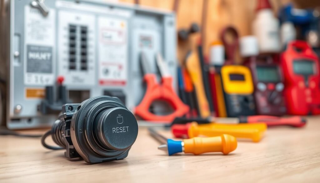 A close-up view of an electrical differential switch reset button, prominently displayed in the foreground, surrounded by an open circuit breaker panel. In the middle ground, various electrical tools are neatly organized including a screwdriver and a multimeter, emphasizing a safe and professional environment. The background features a softly lit home workshop with warm lighting, creating a cozy and practical atmosphere. The focus should be on the reset button, capturing fine details such as its color and texture, with a slight depth of field effect to blur the tools behind. The overall ambiance is calm and methodical, suggesting a step-by-step approach to the resetting process, ideal for illustrating instructional content.
