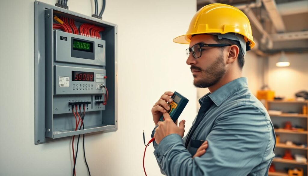 A detailed depiction of an electrical installation scene featuring a well-organized electrical panel in the foreground, showcasing neatly arranged circuit breakers, wires, and a digital display. The panel is mounted on a clean, white wall, reflecting a professional environment. In the middle ground, a qualified electrician in a safety helmet and business attire is inspecting the installation, using a multimeter to check readings. Soft, diffused lighting casts a warm glow over the scene, highlighting the panel's metallic textures and the electrician's focused expression. In the background, a tidy workspace is visible, with tools and safety equipment arranged neatly. The overall atmosphere is one of professionalism, expertise, and attention to detail, conveying the importance of proper electrical installations. A detailed depiction of an electrical installation scene featuring a well-organized electrical panel in the foreground, showcasing neatly arranged circuit breakers, wires, and a digital display. The panel is mounted on a clean, white wall, reflecting a professional environment. In the middle ground, a qualified electrician in a safety helmet and business attire is inspecting the installation, using a multimeter to check readings. Soft, diffused lighting casts a warm glow over the scene, highlighting the panel's metallic textures and the electrician's focused expression. In the background, a tidy workspace is visible, with tools and safety equipment arranged neatly. The overall atmosphere is one of professionalism, expertise, and attention to detail, conveying the importance of proper electrical installations.