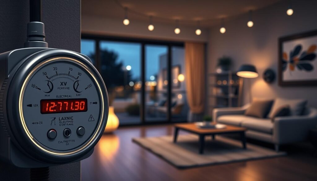 A detailed illustration of the concept of "contracted power" in the context of electrical systems. In the foreground, a sleek digital meter displays various readings related to household energy consumption, prominently featuring dials and numeric values. In the middle ground, a modern living room showcases LED lights softly illuminating the space, with a cozy sofa and a coffee table. The background includes a window revealing a twilight scene with streetlights glowing faintly, creating an atmosphere of warmth and understanding. Use soft, diffused lighting to add a calm and educational mood, shot from a slight angle to capture depth and interest. The overall composition should be inviting and engaging, appealing to readers seeking clarity on electricity management. A detailed illustration of the concept of "contracted power" in the context of electrical systems. In the foreground, a sleek digital meter displays various readings related to household energy consumption, prominently featuring dials and numeric values. In the middle ground, a modern living room showcases LED lights softly illuminating the space, with a cozy sofa and a coffee table. The background includes a window revealing a twilight scene with streetlights glowing faintly, creating an atmosphere of warmth and understanding. Use soft, diffused lighting to add a calm and educational mood, shot from a slight angle to capture depth and interest. The overall composition should be inviting and engaging, appealing to readers seeking clarity on electricity management.