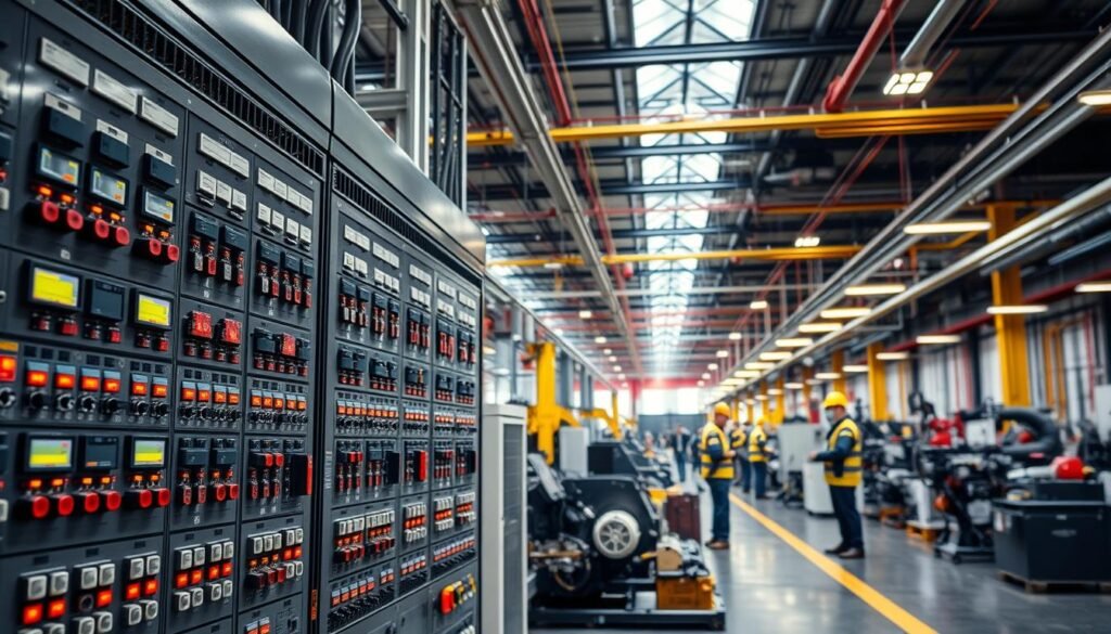 A detailed industrial electrical panel set in a modern manufacturing facility. In the foreground, focus on a large, complex electrical control panel with numerous switches, circuit breakers, and digital displays glowing softly. The middle ground features a factory floor bustling with activity, showcasing machinery and professionals in safety gear examining equipment. In the background, high ceilings with industrial lighting create a bright atmosphere, highlighting the intricate network of wires and conduits running along the walls. The scene should convey a sense of professionalism and technical precision, with an emphasis on the importance of safety and functionality in industrial settings. Utilize natural and artificial lighting to enhance the clarity and details, and position the camera at eye level for an engaging perspective. A detailed industrial electrical panel set in a modern manufacturing facility. In the foreground, focus on a large, complex electrical control panel with numerous switches, circuit breakers, and digital displays glowing softly. The middle ground features a factory floor bustling with activity, showcasing machinery and professionals in safety gear examining equipment. In the background, high ceilings with industrial lighting create a bright atmosphere, highlighting the intricate network of wires and conduits running along the walls. The scene should convey a sense of professionalism and technical precision, with an emphasis on the importance of safety and functionality in industrial settings. Utilize natural and artificial lighting to enhance the clarity and details, and position the camera at eye level for an engaging perspective.