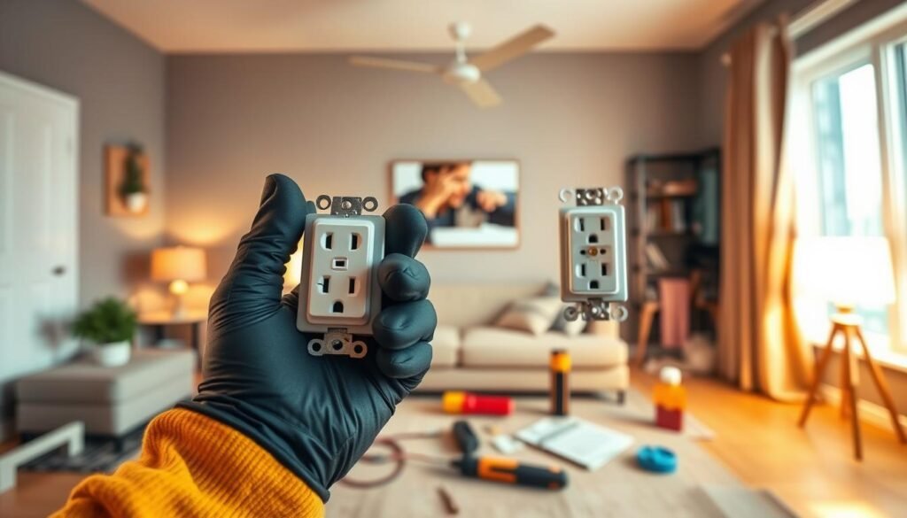 A detailed, informative image depicting the steps to replace an electrical outlet in a home setting, focusing on increasing electrical power capacity. In the foreground, show a pair of gloved hands carefully handling a modern electrical outlet and tools such as a screwdriver and wire stripper. The middle ground features a well-lit workspace with neatly organized tools, a voltage tester, and an open electrical box revealing wiring. In the background, a softly illuminated living room or utility area showcases safe electrical installations. The overall mood is professional and instructional, with warm lighting creating an inviting atmosphere, emphasizing safety and precision. Use a wide-angle lens perspective to capture all elements clearly, ensuring a harmonious composition that engages the viewer's attention.