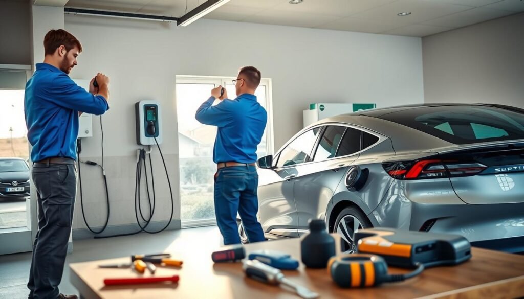 A detailed scene showcasing the installation of an electric vehicle charging point in a modern home garage. In the foreground, a professional technician in a blue shirt and work pants carefully connects wiring to an electric car charging unit mounted on a garage wall. In the middle ground, tools and installation equipment are neatly arranged on a workbench, highlighting the installation process. The background features a sleek electric vehicle parked nearby with its charging port aligned with the charger. The lighting is bright and natural, streaming in through a window, while the atmosphere conveys a sense of professionalism and innovation. Capture the essence of modern home energy solutions, emphasizing the technical aspects and the importance of installation costs.