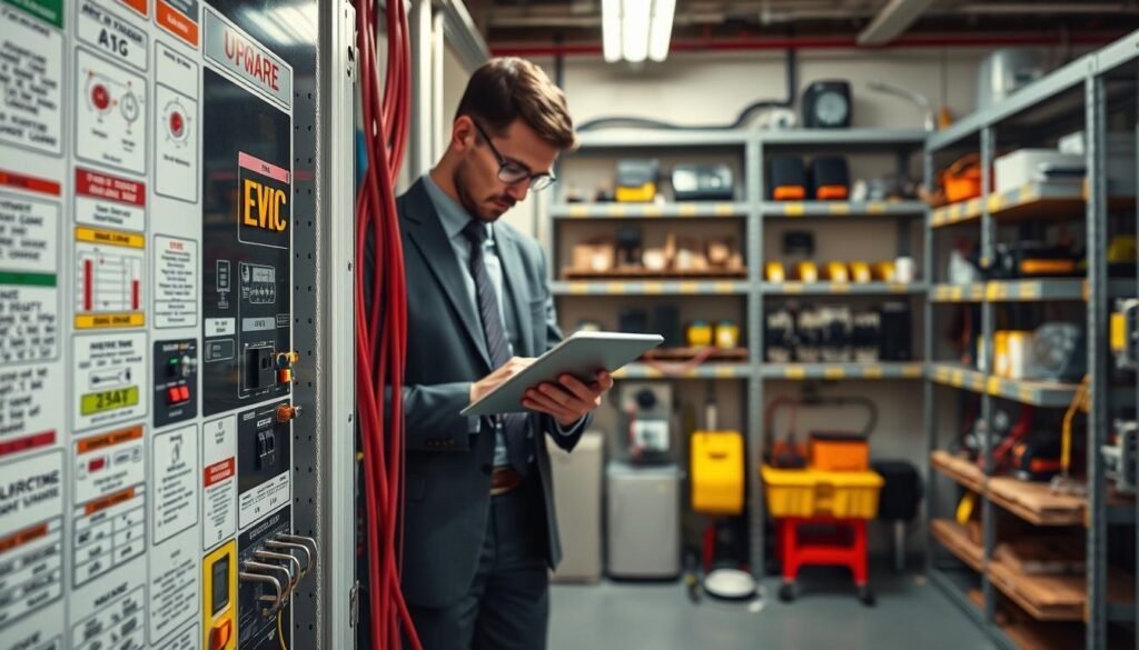 A detailed technical illustration depicting the requirements for increasing electrical power. In the foreground, show a close-up view of a modern electrical panel with colorful circuit diagrams and labels; include wires and connectors indicating upgrades. In the middle ground, depict a technician in professional business attire working with tools, analyzing the panel, and taking notes on a digital tablet. The background should feature a well-lit utility room with shelves filled with electrical components and safety equipment. Use soft, diffused lighting to create a focused yet professional atmosphere, conveying a sense of precision and expertise. The angle should be slightly tilted upward, emphasizing the importance of the electrical panel in the upgrading process.