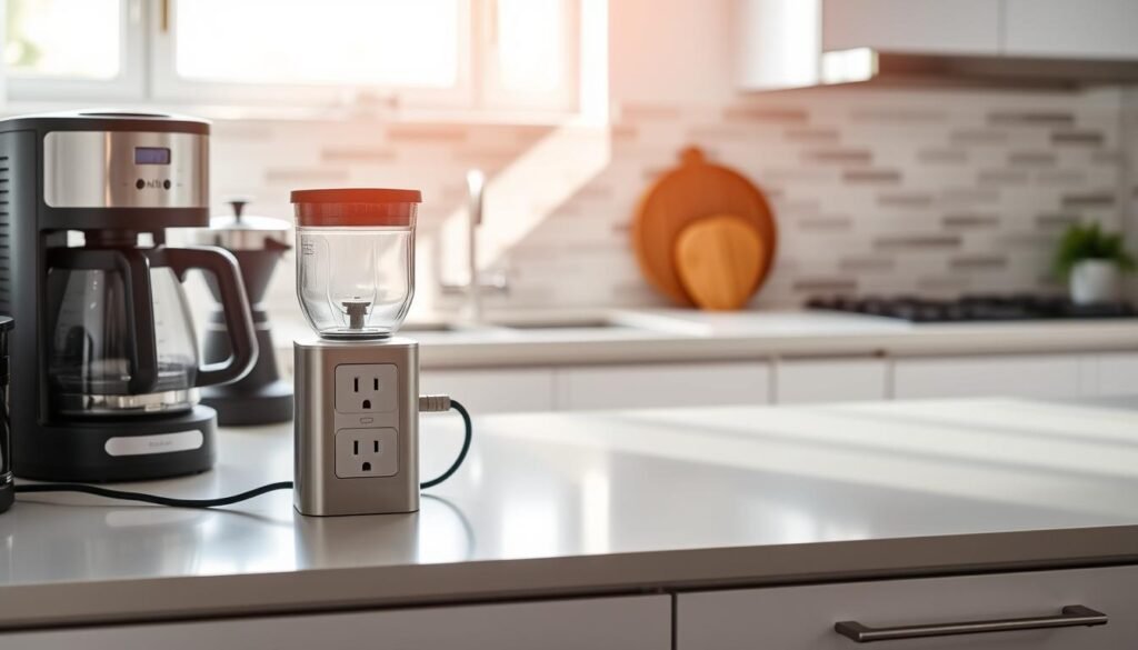 A modern kitchen setting that emphasizes proper electrical outlet placements according to safety regulations. In the foreground, neatly arranged kitchen appliances such as a coffee maker and blender are positioned near strategically placed electrical outlets, showcasing their functionality. The middle ground features a clean countertop with a stylish backsplash, emphasizing the importance of safety and organization. In the background, light spills in through a window, creating a bright and welcoming atmosphere. Soft shadows accentuate the polished surfaces, while the overall mood conveys efficiency and safety. The image should avoid clutter, focusing instead on clarity and accessibility of electrical connections, illustrating the advantages of having the right power capacity for everyday cooking needs. A modern kitchen setting that emphasizes proper electrical outlet placements according to safety regulations. In the foreground, neatly arranged kitchen appliances such as a coffee maker and blender are positioned near strategically placed electrical outlets, showcasing their functionality. The middle ground features a clean countertop with a stylish backsplash, emphasizing the importance of safety and organization. In the background, light spills in through a window, creating a bright and welcoming atmosphere. Soft shadows accentuate the polished surfaces, while the overall mood conveys efficiency and safety. The image should avoid clutter, focusing instead on clarity and accessibility of electrical connections, illustrating the advantages of having the right power capacity for everyday cooking needs.