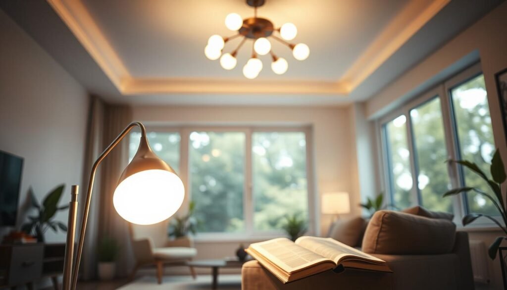 A modern living room scene showcasing efficient LED lighting solutions. In the foreground, a sleek LED floor lamp emits a soft, warm glow, illuminating a cozy reading nook with a stylish armchair and an open book. The middle section reveals an elegant, well-lit ceiling fixture with multiple LED bulbs, casting gentle light across the room. In the background, large windows allow natural sunlight to stream in, enhancing the overall ambiance. The walls are painted in neutral tones, adorned with subtle green plants that emphasize energy efficiency and sustainability. The lighting is balanced, focusing on a vibrant yet calming atmosphere, making it inviting and comfortable for relaxation and productivity. The perspective is slightly elevated, capturing the entire room's layout in a warm, inviting angle, ensuring no text or branding is present. A modern living room scene showcasing efficient LED lighting solutions. In the foreground, a sleek LED floor lamp emits a soft, warm glow, illuminating a cozy reading nook with a stylish armchair and an open book. The middle section reveals an elegant, well-lit ceiling fixture with multiple LED bulbs, casting gentle light across the room. In the background, large windows allow natural sunlight to stream in, enhancing the overall ambiance. The walls are painted in neutral tones, adorned with subtle green plants that emphasize energy efficiency and sustainability. The lighting is balanced, focusing on a vibrant yet calming atmosphere, making it inviting and comfortable for relaxation and productivity. The perspective is slightly elevated, capturing the entire room's layout in a warm, inviting angle, ensuring no text or branding is present.