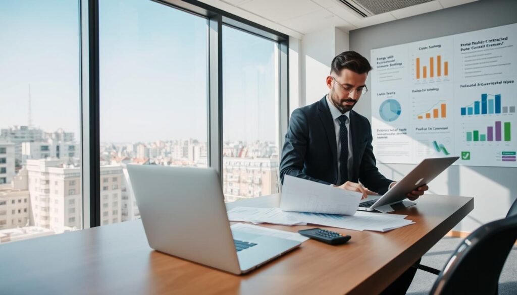 A modern office space in Getafe, Spain, with a professional atmosphere. In the foreground, a businessperson, dressed in smart casual attire, is seated at a desk with a laptop open, analyzing energy bills and charts. Papers and a calculator are visible, emphasizing the importance of reducing contracted power. In the middle, a large window showcases the cityscape of Getafe, with recognizable buildings and a clear blue sky. The background features a wall with graphs and infographics about energy savings and power consumption, bathed in natural light that conveys a sense of clarity and organization. The scene aims to evoke a mood of informed decision-making and proactive steps toward reducing energy costs. The angle is slightly elevated, focusing on the desk while capturing the office's modern design. A modern office space in Getafe, Spain, with a professional atmosphere. In the foreground, a businessperson, dressed in smart casual attire, is seated at a desk with a laptop open, analyzing energy bills and charts. Papers and a calculator are visible, emphasizing the importance of reducing contracted power. In the middle, a large window showcases the cityscape of Getafe, with recognizable buildings and a clear blue sky. The background features a wall with graphs and infographics about energy savings and power consumption, bathed in natural light that conveys a sense of clarity and organization. The scene aims to evoke a mood of informed decision-making and proactive steps toward reducing energy costs. The angle is slightly elevated, focusing on the desk while capturing the office's modern design.