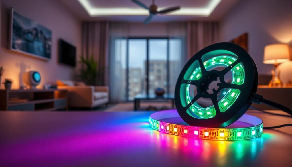 A visually striking composition featuring a close-up view of vibrant LED strip lights displaying various colors, emphasizing the concept of energy efficiency and electrical optimization. In the foreground, the LED lights glow with a mix of blues and greens, casting a dynamic illumination that creates interesting shadows. The middle ground includes an energy meter showing improved statistics, symbolizing enhanced electrical consumption awareness. In the background, a modern living room scene with sleek furniture and energy-efficient appliances, bathed in soft, warm lighting, adds context. The atmosphere is inviting and innovative, reflecting a forward-thinking approach to electricity use. The scene should be captured with a soft-focus lens to enhance the colors and create a sense of depth.