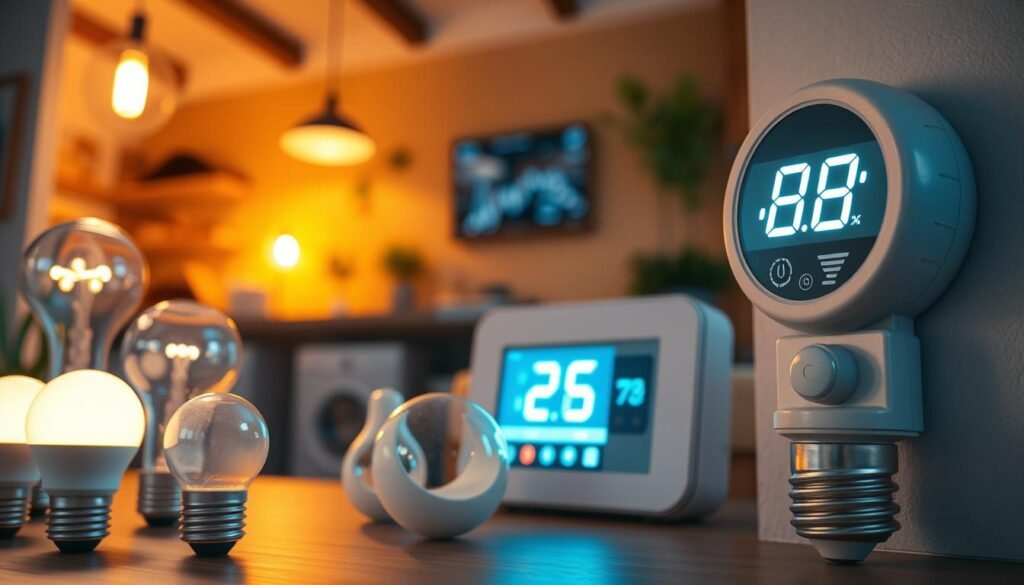 A visually striking infographic depicting energy consumption in a modern home setting. In the foreground, showcase an array of LED bulbs in various designs, glowing softly with a warm, inviting light. In the middle ground, a digital energy meter displays fluctuating numbers, symbolizing real-time energy usage. In the background, a home interior featuring warm light, with walls adorned in earthy tones and energy-efficient appliances, conveys a sense of comfort and sustainability. The lighting should be bright yet warm, casting soft shadows to create a cozy atmosphere. The perspective is slightly elevated to capture both the LED bulbs and the meter effectively, emphasizing the connection between modern lighting and energy consumption. A visually striking infographic depicting energy consumption in a modern home setting. In the foreground, showcase an array of LED bulbs in various designs, glowing softly with a warm, inviting light. In the middle ground, a digital energy meter displays fluctuating numbers, symbolizing real-time energy usage. In the background, a home interior featuring warm light, with walls adorned in earthy tones and energy-efficient appliances, conveys a sense of comfort and sustainability. The lighting should be bright yet warm, casting soft shadows to create a cozy atmosphere. The perspective is slightly elevated to capture both the LED bulbs and the meter effectively, emphasizing the connection between modern lighting and energy consumption.