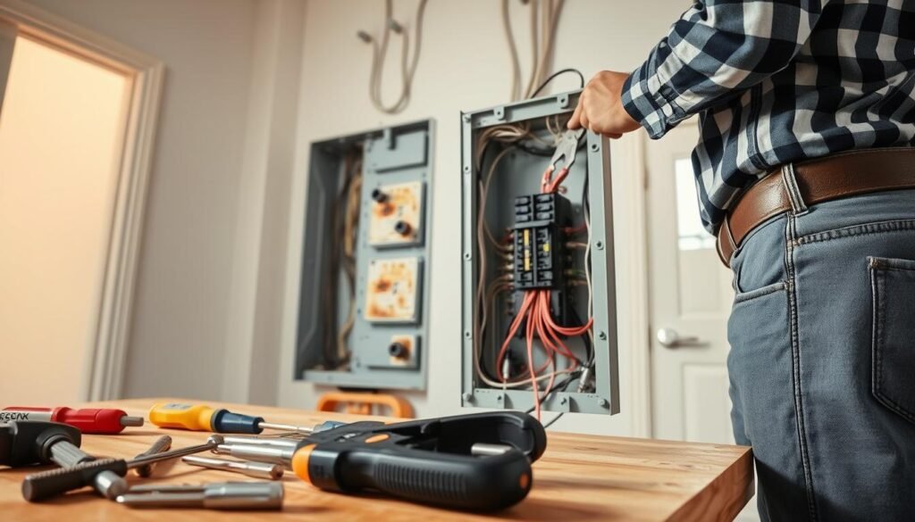 An electric panel undergoing a professional replacement in a modern residential setting, focusing on an electrician in smart casual work attire, using tools to disconnect the old panel. The foreground features detailed equipment such as screwdrivers and wire cutters neatly arranged on a workbench. In the middle, the electrician carefully removes the old panel, showcasing signs of wear like scorch marks and frayed wires. The background captures a bright, well-lit room with partially opened walls revealing electrical wiring, conveying an atmosphere of meticulous professionalism and urgency. Warm, natural lighting illuminates the scene, enhancing the sense of safety and expertise. The angle is slightly tilted to emphasize the action, creating a sense of focus on the task at hand. The image should evoke a feeling of reliability and readiness for change. An electric panel undergoing a professional replacement in a modern residential setting, focusing on an electrician in smart casual work attire, using tools to disconnect the old panel. The foreground features detailed equipment such as screwdrivers and wire cutters neatly arranged on a workbench. In the middle, the electrician carefully removes the old panel, showcasing signs of wear like scorch marks and frayed wires. The background captures a bright, well-lit room with partially opened walls revealing electrical wiring, conveying an atmosphere of meticulous professionalism and urgency. Warm, natural lighting illuminates the scene, enhancing the sense of safety and expertise. The angle is slightly tilted to emphasize the action, creating a sense of focus on the task at hand. The image should evoke a feeling of reliability and readiness for change.