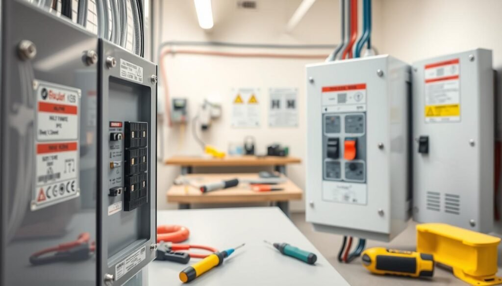 An image showcasing a detailed comparison of new electrical panels, prominently displayed in the foreground. The panels are sleek, modern, and clearly labeled, highlighting their features such as circuit breakers, switches, and safety mechanisms. In the middle ground, a well-organized workbench is visible, equipped with tools like screwdrivers and voltage testers, emphasizing a maintenance setting. The background features a softly lit room, possibly a utility area or workshop, with subtle indicators of electrical installation like wiring and a safety poster on the wall. The lighting is bright and even, creating a professional and informative atmosphere that conveys safety and expertise in electrical maintenance. Focus on clarity and detail with a slight depth of field effect to enhance the technical elements.