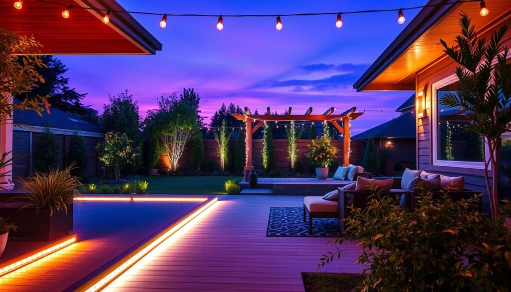 An inviting outdoor scene showcasing an elegantly illuminated backyard patio transformed by LED lighting. In the foreground, vibrant LED strip lights outline a sleek modern deck, highlighting outdoor furniture arranged for a cozy gathering. Softly glowing LED garden lights illuminate the pathway, drawing attention toward the lush greenery. In the middle ground, a beautifully designed pergola is adorned with LED fairy lights, creating a serene ambiance. The background features a twilight sky, enhancing the enchanting atmosphere with shades of purple and blue. The warm lighting accents the textures of wooden surfaces and plants while creating a tranquil and inviting mood. Capture this scene with a wide-angle lens and soft focus to evoke a sense of comfort and modern home aesthetics. An inviting outdoor scene showcasing an elegantly illuminated backyard patio transformed by LED lighting. In the foreground, vibrant LED strip lights outline a sleek modern deck, highlighting outdoor furniture arranged for a cozy gathering. Softly glowing LED garden lights illuminate the pathway, drawing attention toward the lush greenery. In the middle ground, a beautifully designed pergola is adorned with LED fairy lights, creating a serene ambiance. The background features a twilight sky, enhancing the enchanting atmosphere with shades of purple and blue. The warm lighting accents the textures of wooden surfaces and plants while creating a tranquil and inviting mood. Capture this scene with a wide-angle lens and soft focus to evoke a sense of comfort and modern home aesthetics.